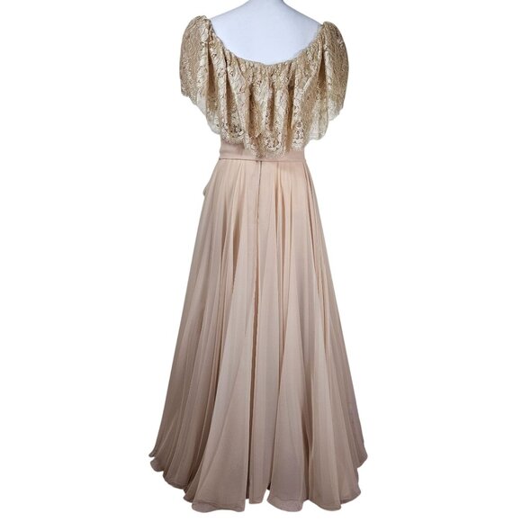 VTG 60s Werlé Beverly Hills Lace Chiffon Silk Gown 4 Champaign Flutter Princess - Picture 3 of 12